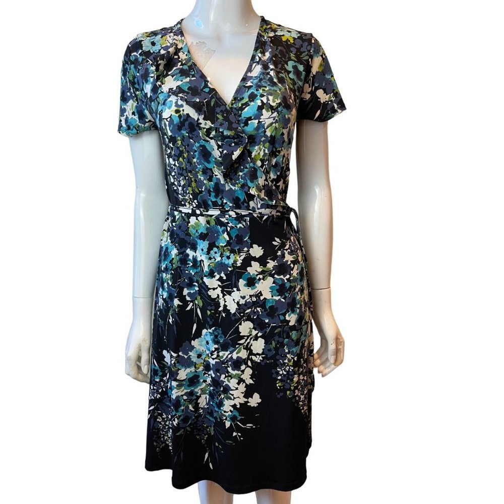 Apt 9 Womens Floral Wrap Sheath Dress Ruffle Tie Waist Short Sleeve Navy Size S